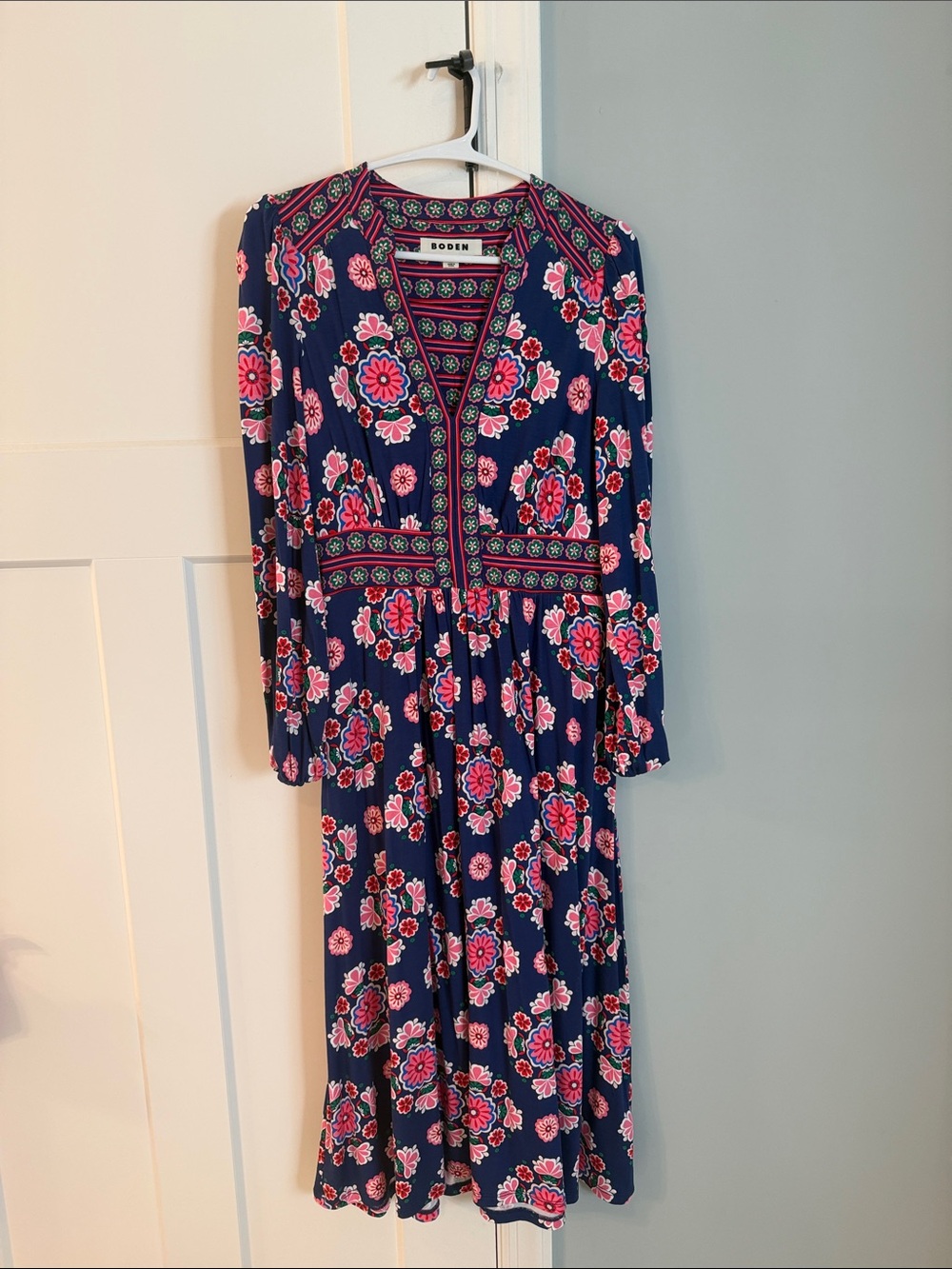 Boden Navy Floral Long-Sleeve Midi Dress with Pink Flowers